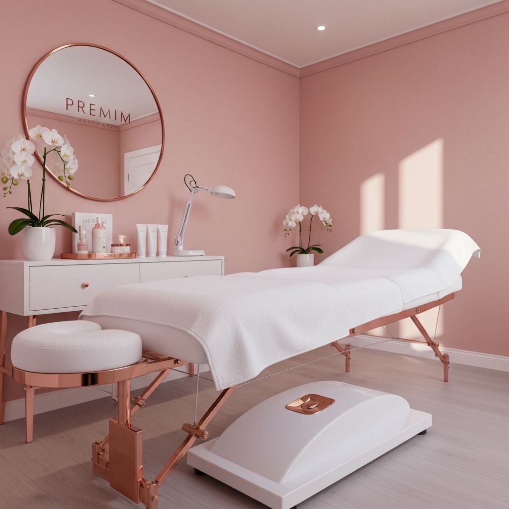 Luxurious beauty treatment room with blush pink walls, elegant white furnishings, and fresh orchids