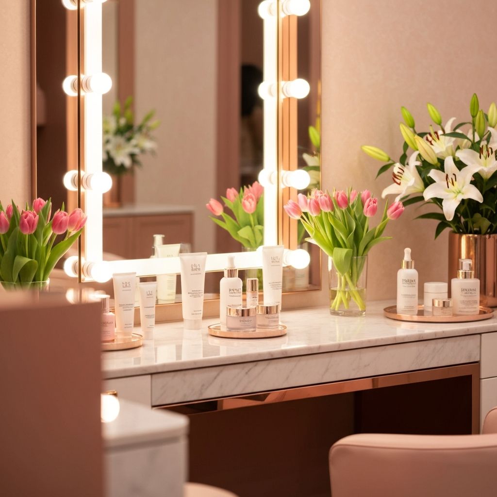 Elegant beauty salon interior with warm lighting, marble surfaces, and luxury skincare products
