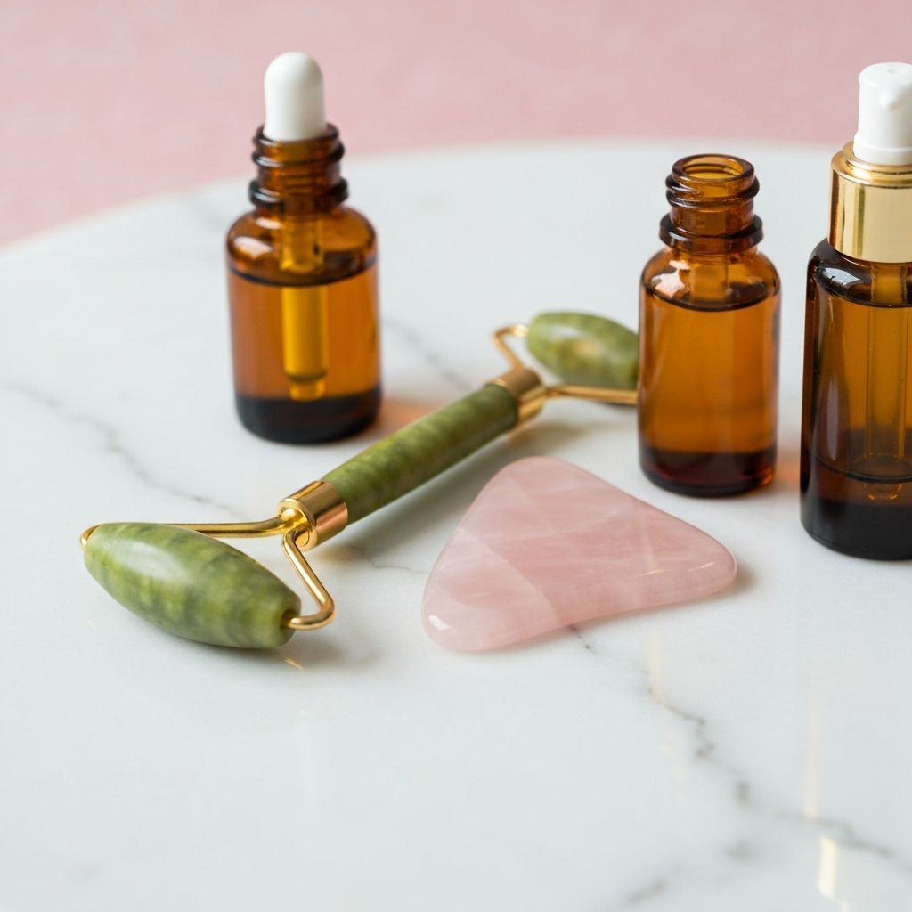 Luxury facial skincare products including jade roller, serums, and gua sha tool on marble surface