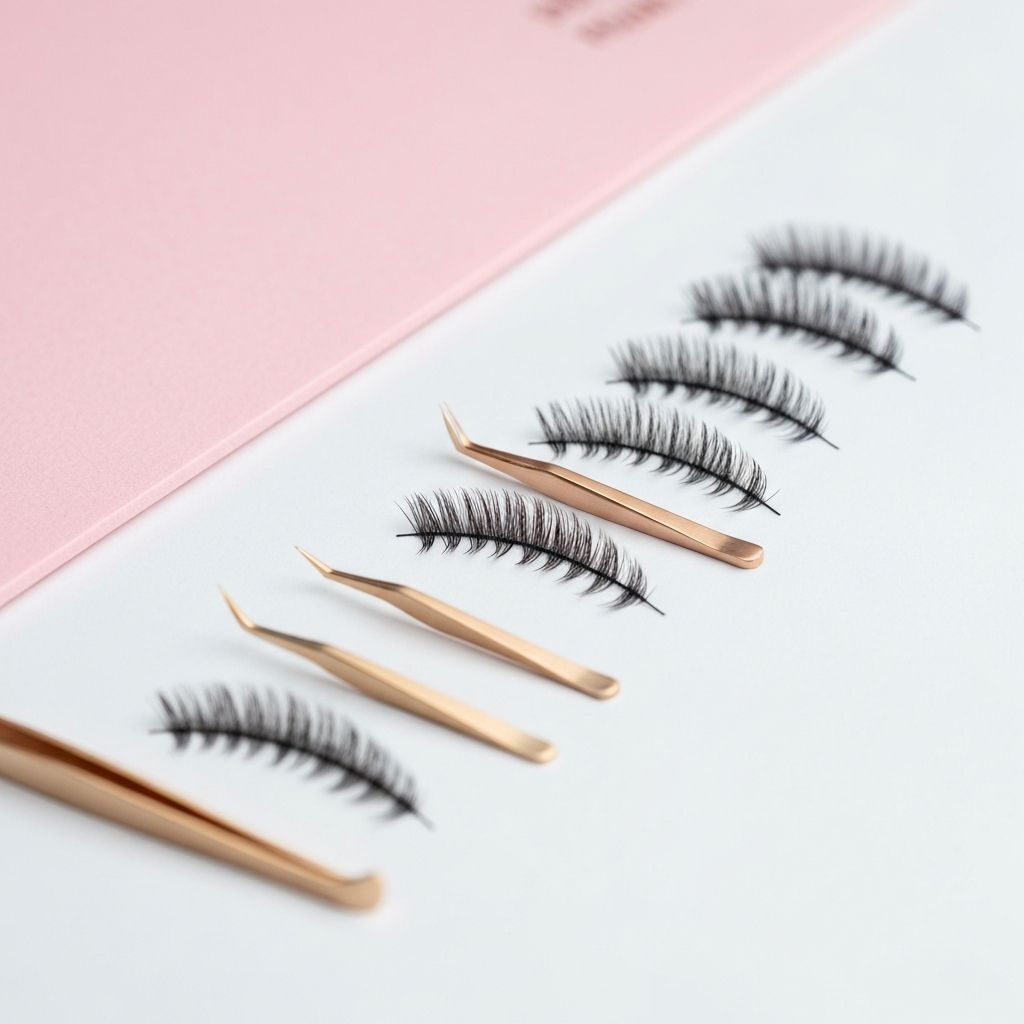 Professional lash extension supplies including fine tweezers and individual lash fans on white background