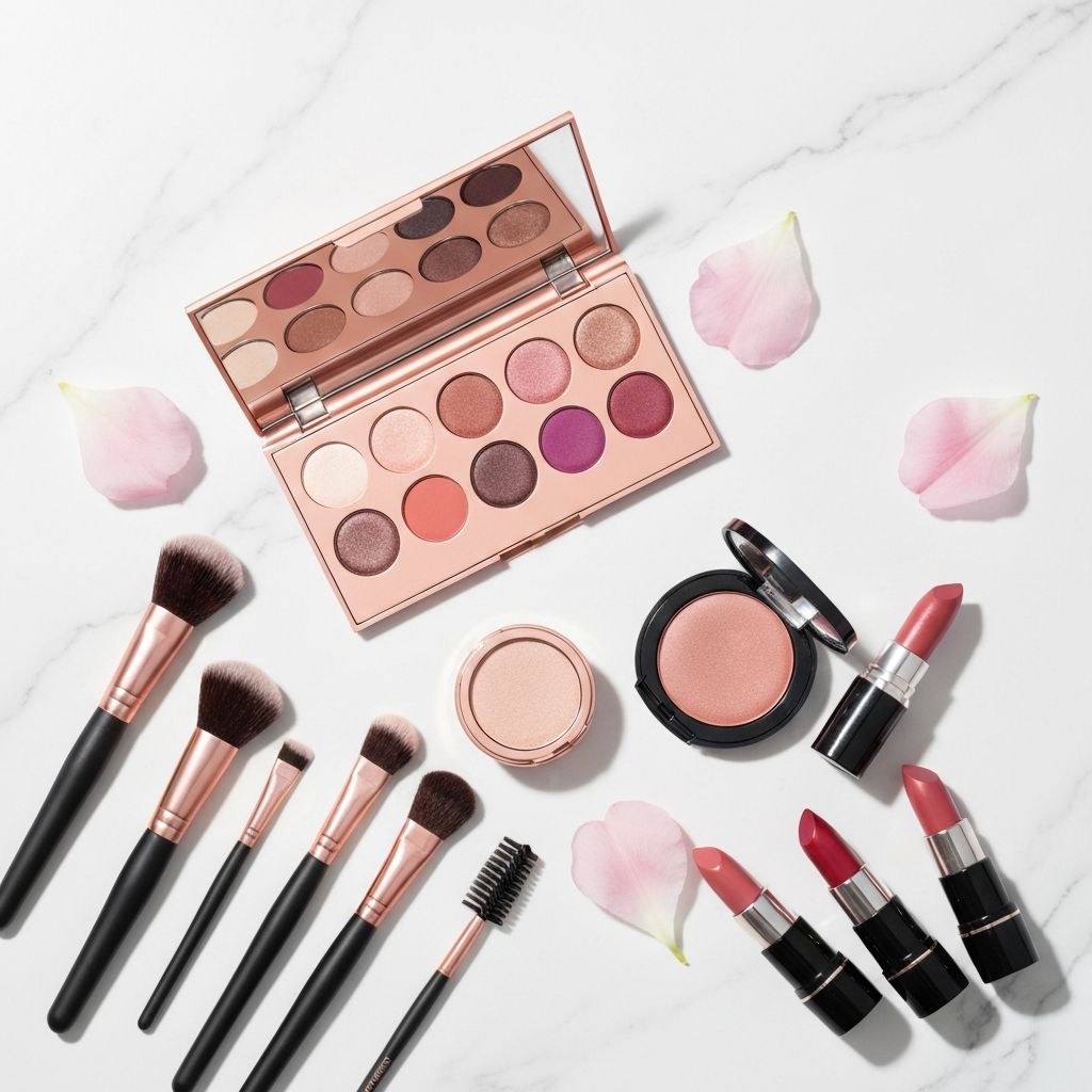 Luxury makeup collection flatlay with professional brushes, rose gold eyeshadow palette, and lipsticks on marble
