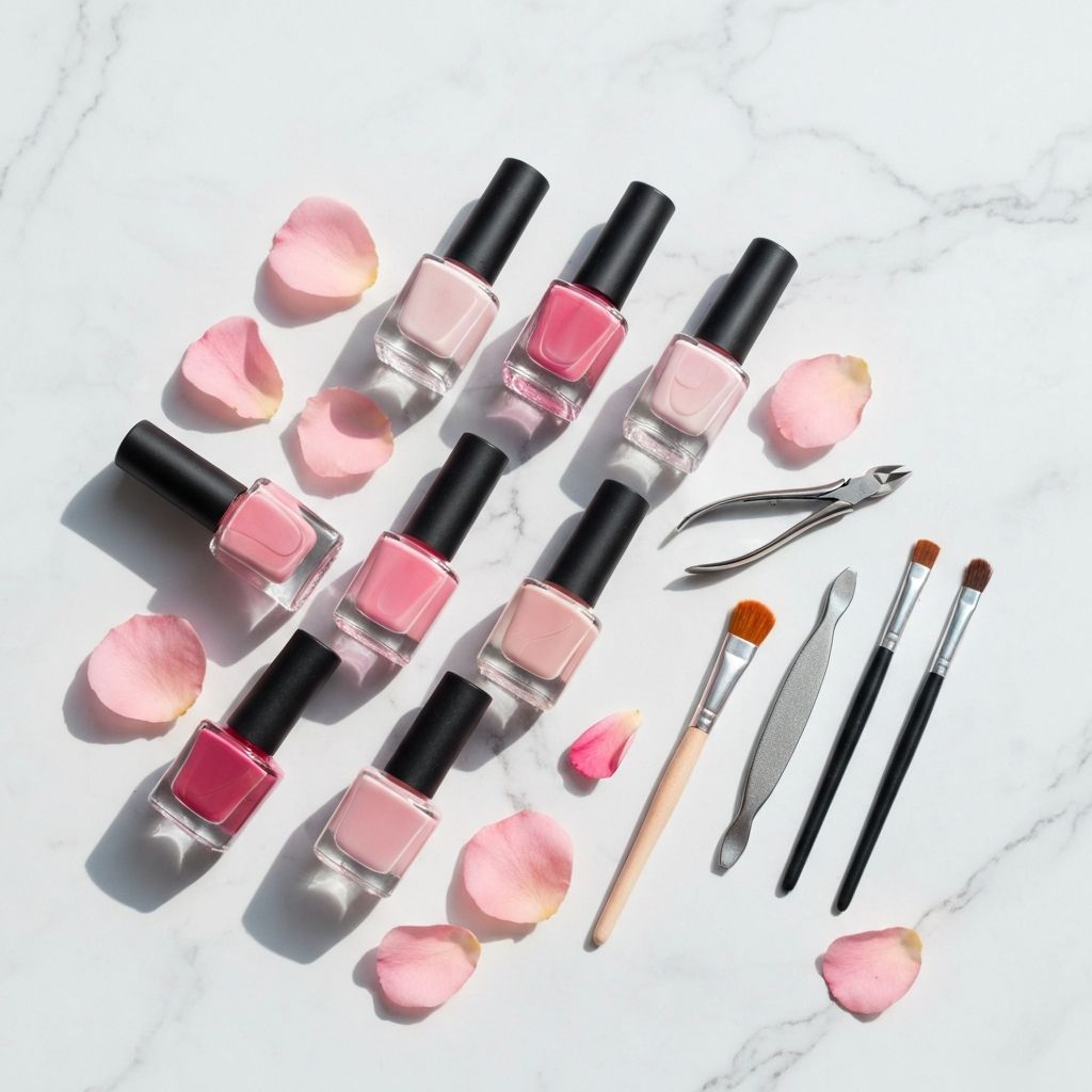 Elegant nail polish collection in pink and nude shades arranged on white marble with rose petals