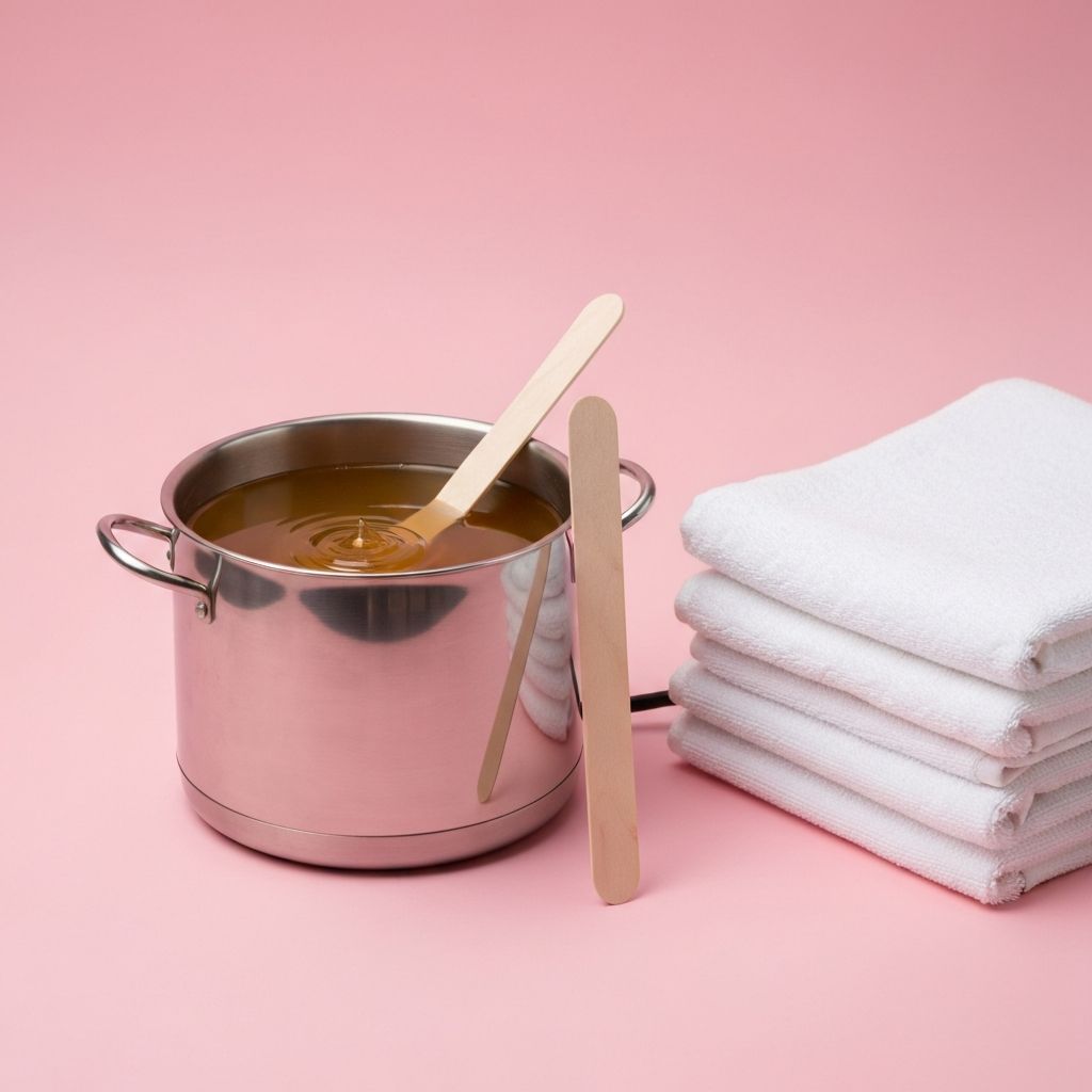 Professional salon waxing supplies including warm honey wax pot and wooden spatulas on pink background